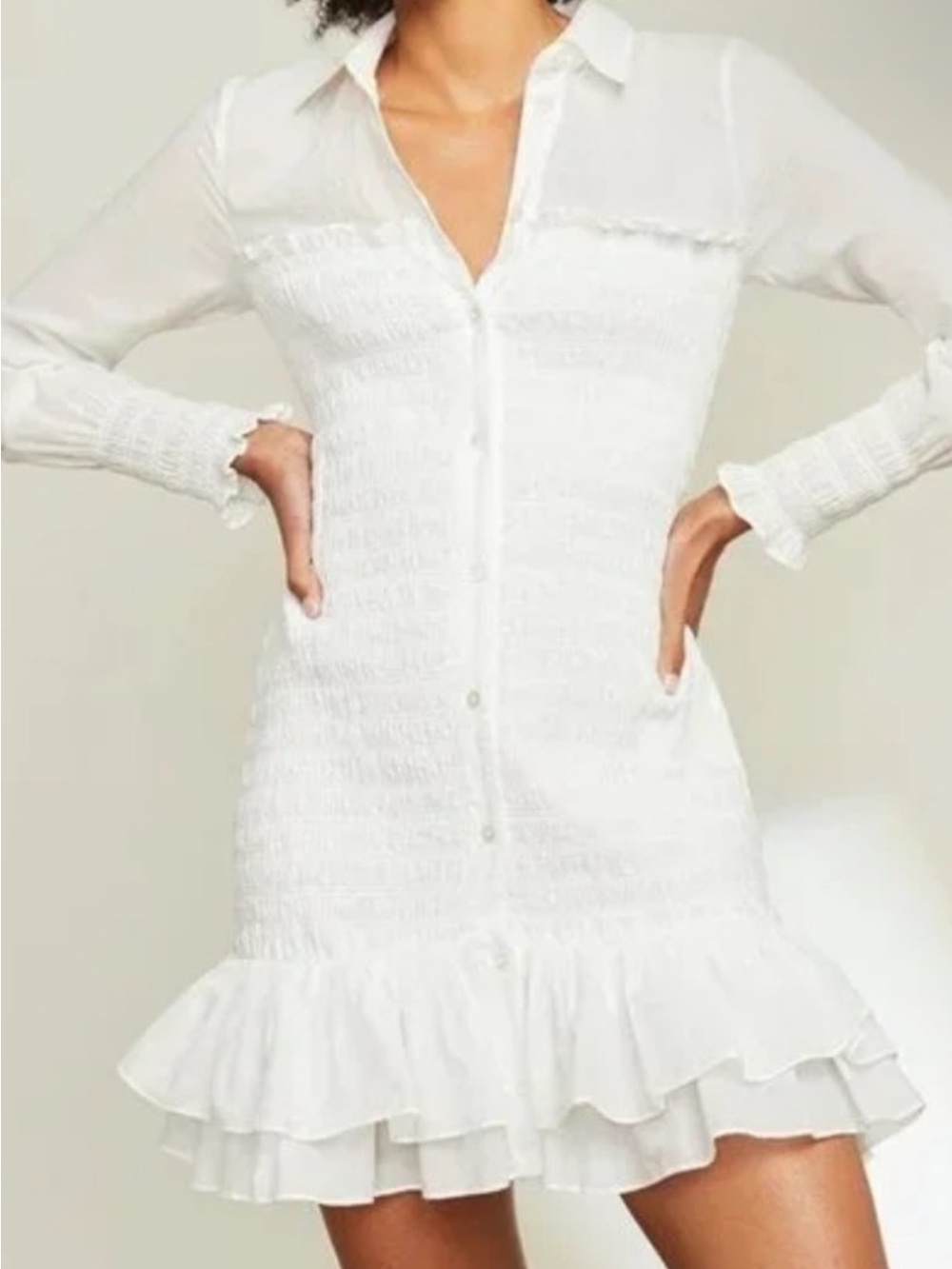 Veronica Beard White Kelsey Smocked Button-Front Mini Dress with Ruffled Hem